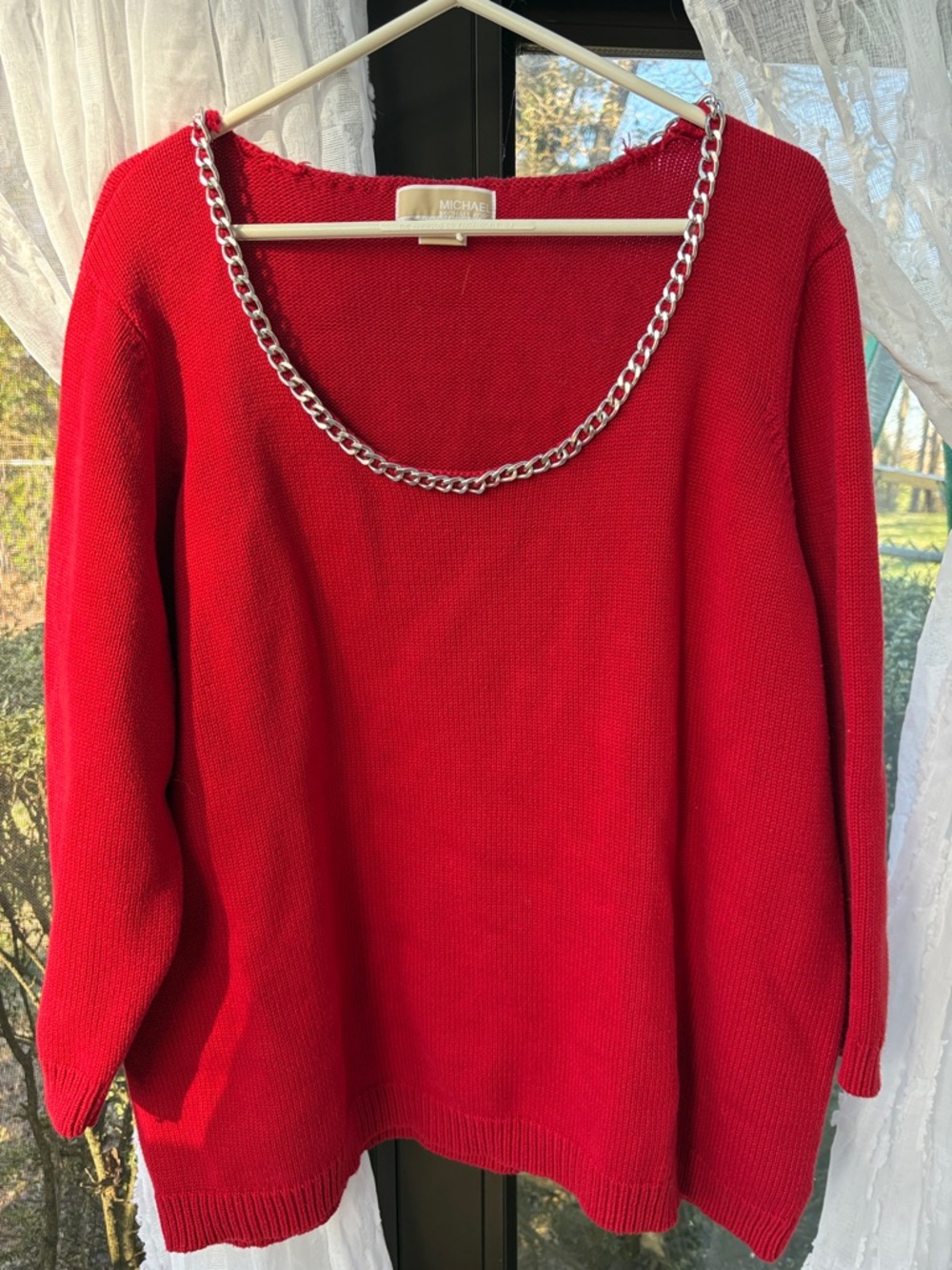 Michael Kors Red Crewneck Sweater with Silver Chain Accent